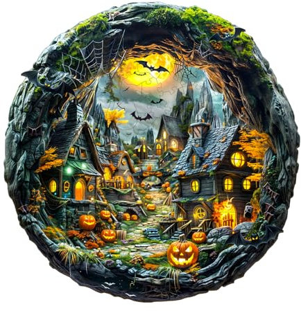 Jigfoxy Wooden Jigsaw Puzzles for Adults, 3D Vision Halloween Night Wooden Puzzle 290pcs, Unique Shape Wood Puzzles, Halloween Christmas Thanksgiving Gifts for Family Friend(13.4 * 13.2in)