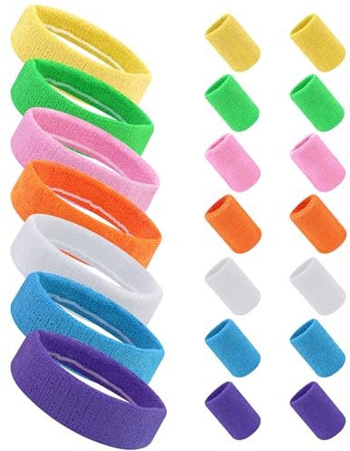 21 Stück Neon Schweissband Set 80er,7 Farben Stirnband mit 14 Stück Handgelenk, Absorbierendes Frottee Schweißband für Laufen Radfahren Karneval