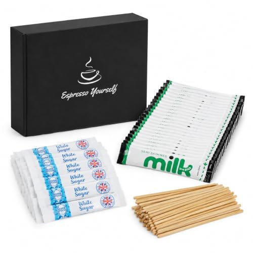150 Piece Hot Drink Kit – 50 Milk Sachets, 50 Sugar Sachets & 50 Wooden Coffee Stirrers – Individually Wrapped for Tea, Coffee, Office, Travel, Catering, Hospitality