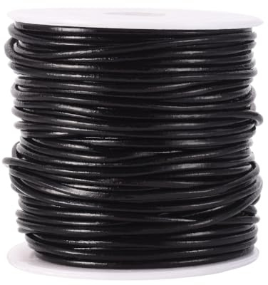 CALFOVERA Cordón de Cuero Genuino de Vaca de 27.43 m para Hacer Joyas, Cordón de Cuero Auténtico Redondo Negro de 2mm, Cuerda Trenzada, Carrete de Hilo para Crear Collares, Pulseras, Abalorios.