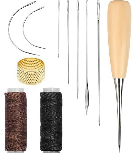 11 Pieces Leather Stitching Kit, Leather Sewing Needle with 12m Waxed Thread, Repair Kit with Cord Drilling Awl and Thimble, Needles Hand Sewing for Carpet Sofa