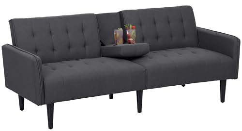 HOMCOM Click Clack Sofa Bed, Linen-Feel Fabric 3 Seater Sofa for Living Room/Spare Room/Guest Room, Bed Settee with Cup Holders, Grey