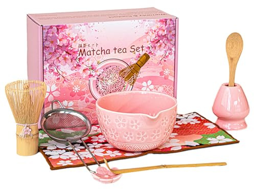 Nideen 8Pcs Pink Matcha Set–Ceramic Matcha Bowl, Matcha Whisk with Sakura Charm Complete Japanese Matcha Kit with Whisk, Scoop, Sifter & Cloth