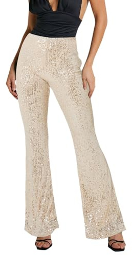 Generisch Wanderhosen Damen-Paillettenhose Mit Glitzernden Pailletten Hohe Taille Weites Bein Schlaghose Stilvolle Nachtclub-Kleidung Elegante Trendige Partyhose Hosen MäDchen