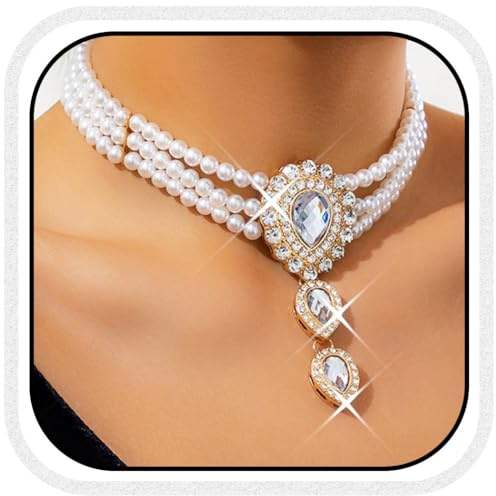 Atigy Perlen Choker Halsketten silberfarben mehrlagig Braut Halskette Kristall Anhänger Halskette Schmuck für Damen (SilberA)