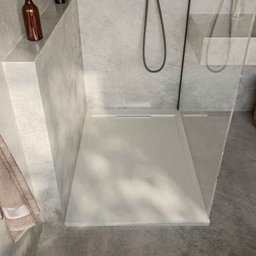 SoulHome Plato de Ducha Resina CREMA 120x80 Diseño Mismo Color | Antideslizante C3, Extraplano, Resina y carga mineral, Textura Liso Piedra, Antibacteriano, Gel-coat, Incluye válvula desagüe