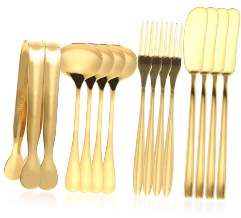 Hohopeti Set de Couteaux à Tartiner Fromage Acier Inoxydable Doré Fourchette Dessert Mini Cuillère Café et Pince de Service pour Cuisine et Pâtisserie