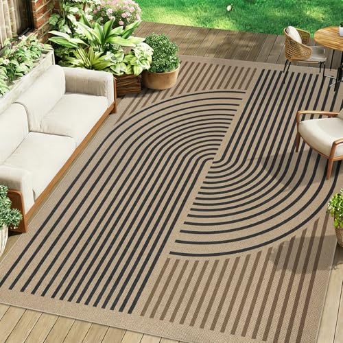 Famibay Outdoor Teppich 160x230cm Balkon Teppich Waschbar rutschfest Jute Indoor Outdoor Teppiche für Wohnzimmer Balkon Garten Terrasse Jute Aussehen Braun Schwarz
