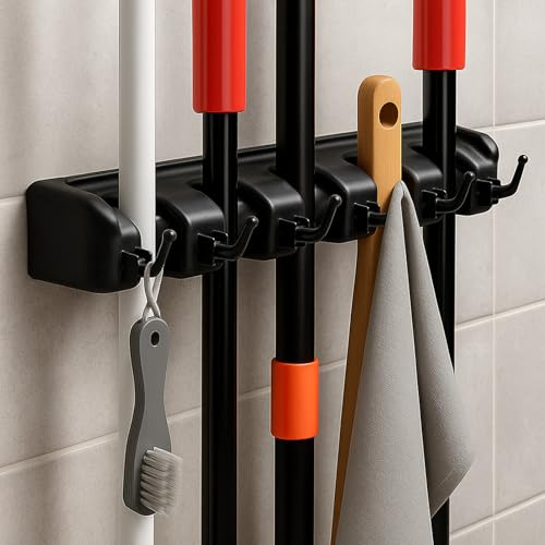 SUNNYNEST 6 Hooks 1 Pack Broom Mop Holder Wall Mounted Broom Storage | with 5 Slots and 6 Hooks, Room Storage for Broom, Kitchen, Bathroom, Garage Garden Tool Organiser 1 Pack Black