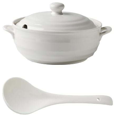 Ceramic Soup Tureen With White Porcelain Serving Glass Lid Porcelain Serving Tureen Soup For Restaurant Home Kitchen Decoration Microwave And Dishwasher Safefor,with Spoon Hole(Glass cover 1qt)