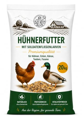 Premium Hühnerfutter 20 kg mit Soldatenfliegenlarven – Eiweißreiche Geflügelmischung für Hühner, Wachteln, Enten, Gänse, Fasane
