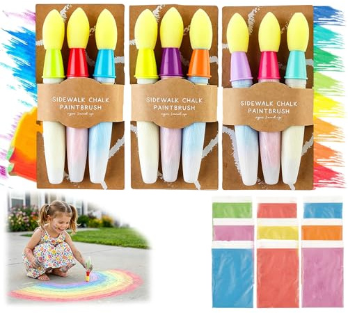 Sidewalk Chalk Paint Brush, 9 Pcs Washable DIY Paintbrush with Powder, Refillable Sidewalk Chalk Paint Fillable Applicators, Add Water to Brush Use, Easy to Clean for Kids Yard Art (A+B+C,1)