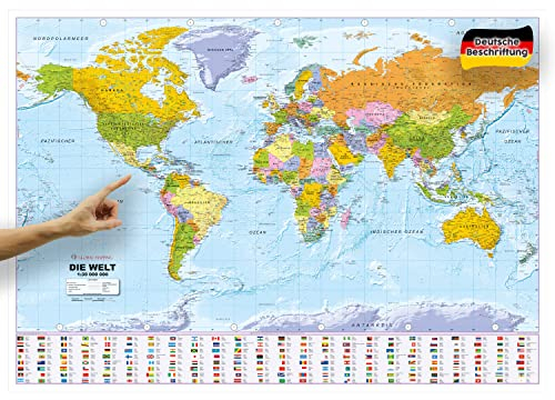 ORBIT Globes & Maps - Weltkarte XXL - Top-Aktuell 2025, deutsch, 136 x 96 cm, Maßstab 1:30 Mio mit seidenmattem Schutzlack inkl. Flaggenleiste