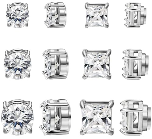 NEWITIN 6 Pairs Stainless Steel Magnetic Stud Earrings for Men Clip on Earring Magnetic Earring Unisex Non Piercing CZ Magnet Studs Diamond Earrings for Women Men