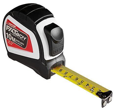 Dekton Fatboy DT55180 Mètre ruban magnétique Noir 10 m x 25 mm Pointe magnétique Extra large Mesures impériales et métriques avec clip de ceinture en métal et verrouillage automatique