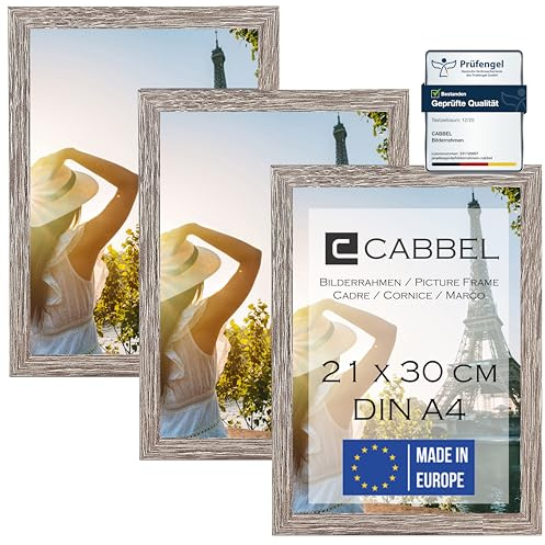 CABBEL 3er Set Bilderrahmen DIN A4 21x30 MDF Holz-Rahmen mit bruchsicherem Acrylglas, ideal für Collagen, Portraits & Urkunden in Eiche Dunkel