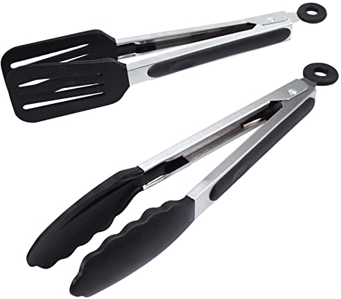 Alimat PluS Kitchen Tongs 9 Inches, Cooking Tongs with Stainless Steel, Silicone Tongs for Serving, Nonstick Food Tongs Set of 2, Black