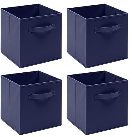 Redd Royal Pack of 2/4/6 Non-Woven Fabric Unit Storage Cubes Boxes Foldable Collapsible Storage Organizer Basket Bins with Handle for Wardrobe Clothes Toys Bedroom Living Room (Navy Blue, Pack of 4)