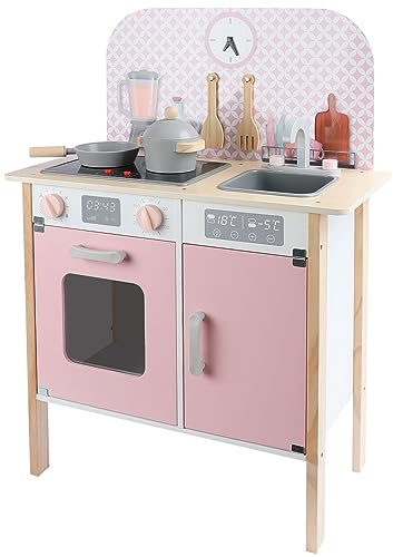 Leomark Rosa Kinderküche aus Holz Menfi Spielküche ab 3 Jahren Holzküche für Kinder Spielzeugküche mit Zubehör Küchenset in Pastellfarben Höhe 81 cm Geschenk Spielspaß mit Uhr Waschbecken