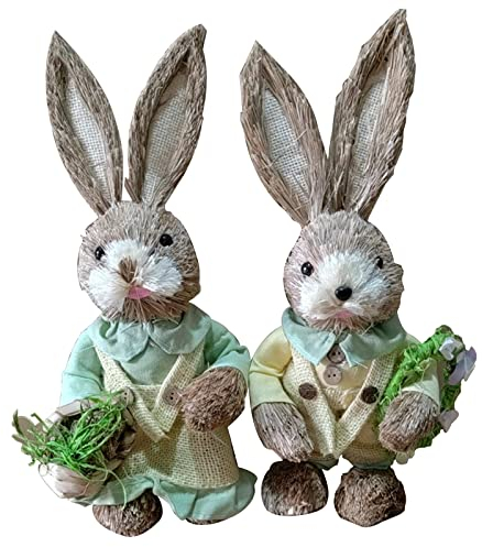 BEIJIALY Juego de 2 Decoraciones de Pascua, Figuras de Conejo de Paja de Pascua, Estatua de Conejo de Pascua, Figura de Pareja de Conejo de Paja de Pie, Decoración de Conejo Artificial con(Verde)