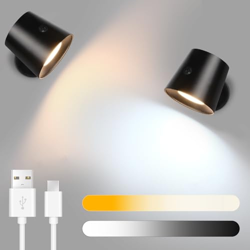 Homefire Wandlampe LED Wandleuchte Innen - Wandbeleuchtung 2 Stück mit Akku | 360° Drehbare Touch Control 3 Helligkeitsstufen Schwarz Kabellose Wandleuchten Für Wohnzimmer Kinder Schlafzimmer
