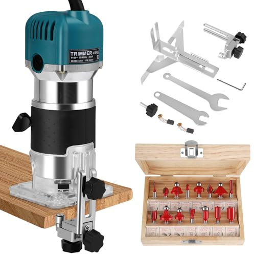 Palm Router Tool, 800W 30000Rpm Woodworking Hand Router with Trimmer Base & 15Pcs 1/4(6.35mm) Router Bits Set, 6 Variable Speeds Handheld Wood Trimmer Router with Straight Guide, 220V