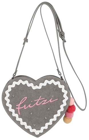Fritzi Herzli Cross Wiesn Jack Pepper Crossbody Tasche Lederoptik Herz-Design Wellenkordel Damen Umhängetasche Oktoberfest mit Pompon-Anhänger 22 x 16 x 6 cm, Grau