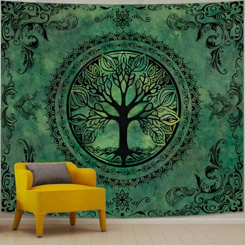 Green Boho Tapestry for Bedroom, Large Hippie Tree of Life Wall Tapestries | Hippy Mandala Wall Hanging, Extra Big Nature Ceiling Backdrop, Bohemian Art Decor for Camping Dorm Living Room (71X90)