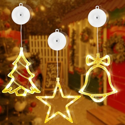 sylvwin LED Sterne Weihnachtsdeko Fenster 3 Stück,10 LED Weihnachtsdeko Innen mit Timer,Warmweiß Lichterkette Sterne für Fenster Deko Weihnachten Deko,Balkon,Party,Hochzeit(Weihnachtsbaum & Glocke)