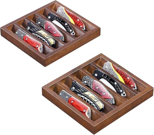 Emfogoo 2 Stück Messerhalter, Holz Messerständer, Ausrüstungstablett Messer Vitrine, Sammelmesserständer für Klappmesser und EDC-Taschenlampe,Heimdekoration (Nussbaum)