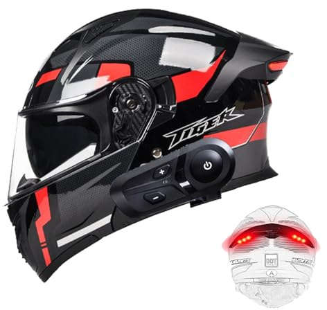 Casque Modulable Moto Bluetooth, avec Feu Arrière LED, Casque À Rabat pour Adultes avec Double Visière, Casque Homologué ECE, Adultes Hommes Femmes Cyclomoteur Anti-Collision E,Medium