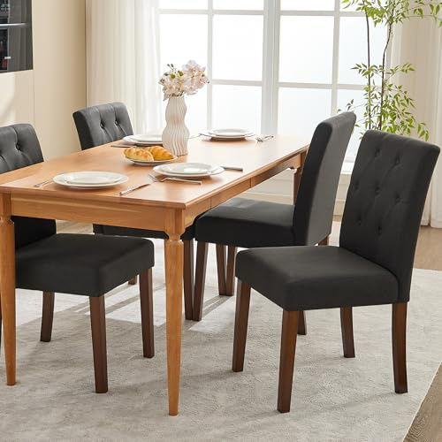 Upholstered Dining Chairs Set of 4, Button Tufted Parsons Chairs with Wood Legs and Padded Seat, Modern Fabric Side Chairs for Dining Room Kitchen Farmhouse Hotel, Black