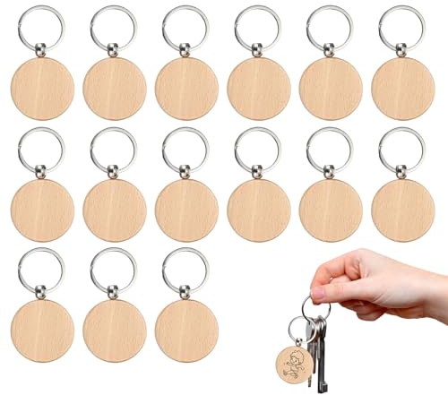 15 Pièces Porte Clé Bois Vierge pour Gravure Laser et Pyrogravure | surface lisse sans noeud, epaisseur 7mm solide, chaine metal incluse, decoration