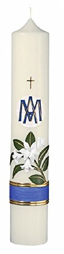 Marienkerzen 40 x 7 cm mit Lilien, Handverziert mit Wachsplatten und Wachsborden