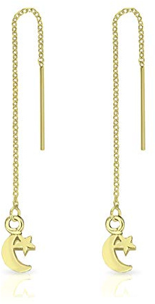 DTPsilver® KLEINE Ohrringe 925 Sterling Silber, Gelb Vergoldet oder Rosen-Gold überzogen - Durchzieher Kette Mond und Stern Ohrhänger - Länge 75 mm - Stern/Mond Messung: 6 x 10 mm