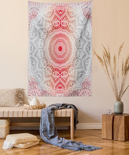 ABAKUHAUS Grau und Rot Wandteppich, Boho Mandala aus Weiches Mikrofaser Stoff Waschbar ohne Verblassen Digitaldruck, 150 x 110 cm, Grau Rot