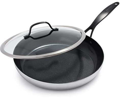 GreenPan Venice Pro Noir 30cm Bratpfanne, 3-lagiger Edelstahl, gesunde keramische Antihaftbeschichtung, Mattschwarzer Griff, PFAS-frei, Induktion, Spülmaschinengeeignet, Backofenfest, Silber