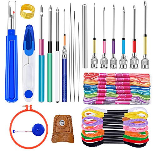 41 Pieces Needle Punch Kit, Embroidery Tool, Punch Needle Supplies with 20 Pcs Embroidery Floss, 10 Pcs Embroidery Punch Needle, Needle Threader, Big Seam Ripper, Scissors, Thimble and Embroidery Hoop