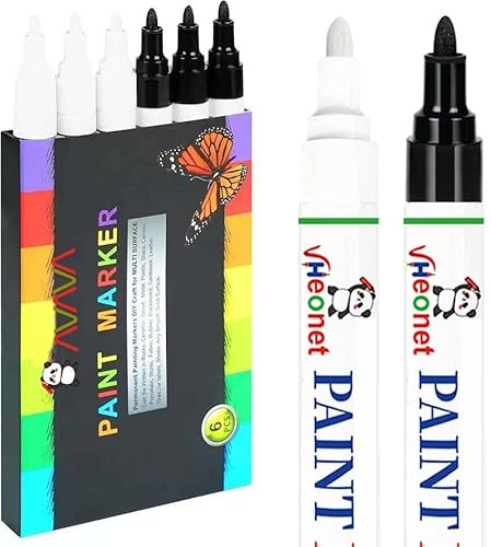 AVAVA Black and White Paint Marker, Oil Based Paint Pen - 6 Pack Permanent Markers,Fabric Marker, Medium Tip,Quick Dry,Waterproof Markers for Stone,Wood, Metal,Plastic, Glass,Ceramic