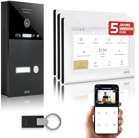 GVS IP Video Türsprechanlage mit Türöffner, RFID, 3X 7 Zoll Monitor & App | Smarte Video Türklingel mit Kamera und Monitor & App - Gegensprechanlage für 1 Familienhaus (AVS4464A)