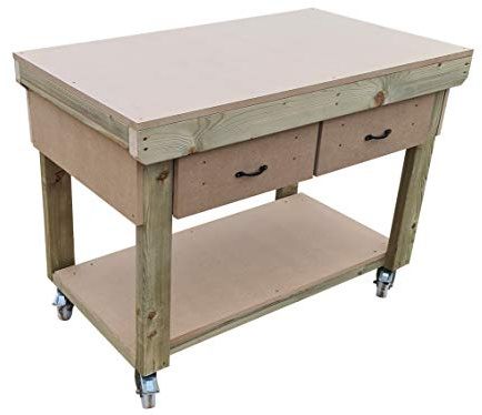 Arbor Garden Solutions Wooden workbench 18mm MDF top with drawers - legs with wheels - industrial heavy-duty garage storage table (4ft)