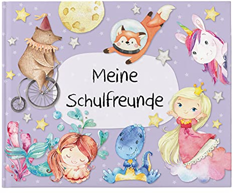 Papierdrachen Hochwertiges Freundebuch für Kinder - Schulfreunde - Lila - Poesiealbum mit Prinzessin, Einhorn & Meerjungfrau - für 27 Freunde - buntes kindgerechtes Design