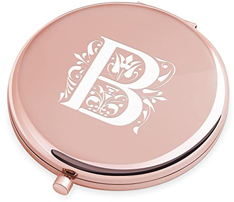 Maverton Miroir de Poche Personnalisé de Couleur Or Rose - Miroir Rond - Accessoire pour Trousse de Maquillage - Cadeau Femme - Cadeau Anniversaire Femme - Cadeau Noel - pour Femme - Lettre