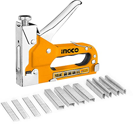 INGCO Agrafeuse Murale 3 en 1 avec 200 Agrafes, 200 Agrafes en forme de U et 200 Clous Brad Pour Le Bois D'ameublement, La Décoration Murale,La Menuiserie et Le Bricolage HSG1405