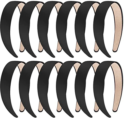 SIQUK 12 Pieces Satin Headbands 1 Inch Wide Non-slip Headband Satin Covered DIY Headband for Women and Girls, Black