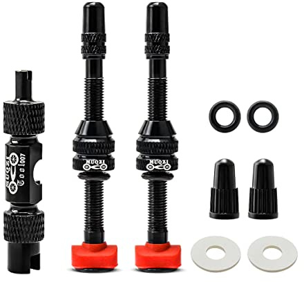 MUQZI Kit de vástago de válvula Tubeless Presta - Vástago de válvula para bicicleta sin fugas con herramienta integrada para quitar el núcleo de la válvula y tapas de aleación Presta para bicicleta,