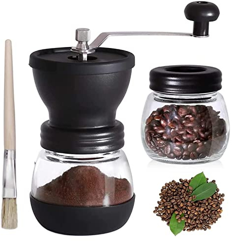 Coffee Grinders, Hand held Portable Manual Bean Grinder Manual Coffee Grinder Manual Burr Mill Grinder for Coffee Bean Spices Burr Machine + 2 Jars 1 Brush