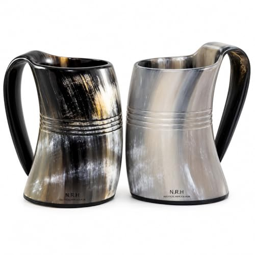 Viking Drinking Horn Mug (Set of Two) Handcrafted Ox Cup Goblet - Drink Mead & Beer Like Game of Thrones Heroes with This Large Tankard Stein - Great Craftsmanship A Perfect Present for Real Men