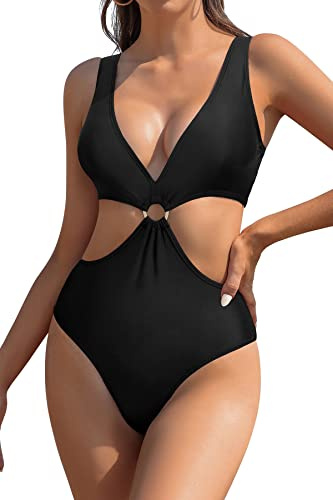 SHEKINI Costume da Bagno Intero da Donna con Scollo a V Imbottito Costumi Interi Stampato Un Pezzo Monokini da Spiaggia（S，Nero）