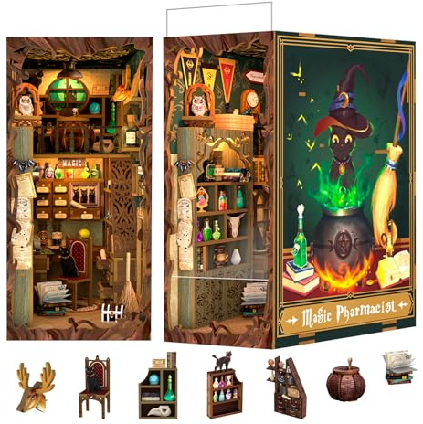 Fsolis Book Nook kit - Miniatur Zauberbibliothek mit LED-Beleuchtung - Puppenhaus DIY Häuser Kit - Bücherregal & Häuser Dekoration für Erwachsene, Fantasy und Zauberer Liebhaber